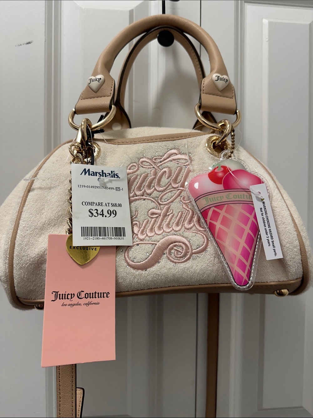 Juicy Couture Pink Embroidered Mini Dome Satchel with Tan Trim